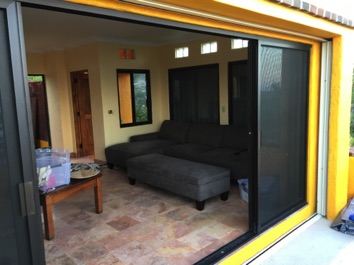 View into living room from front deck